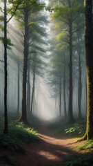 Fototapeta premium Capture the serene beauty of a forest in the early morning. Mist hangs low to the ground, with sunlight piercing through the trees, creating a mystical atmosphere.