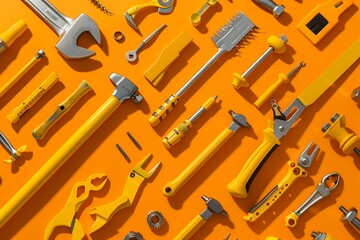 Fototapeta premium flat lay of many yellow construction tools on an orange background, simple composition, minimal concept, high resolution photography, insanely detailed and intricate, fine details, stock photo, profes