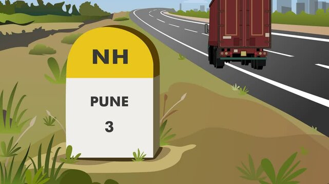 Animation shot of Highway milestone displaying distance to pune city of maharashtra India with Carriage Freight truck passing by the road