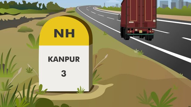 Animation shot of Highway milestone displaying distance to kanpur city of uttar pradesh India with Carriage Freight truck passing by the road
