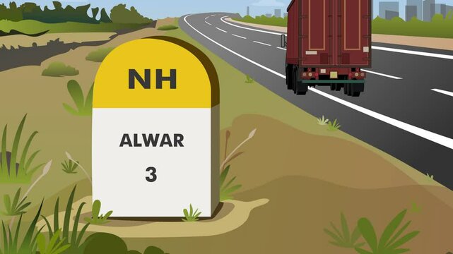 Animation shot of Highway milestone displaying distance to alwar city of rajasthan India with Carriage Freight truck passing by the road