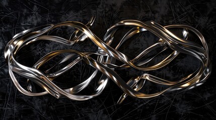 Modern wall art featuring a three-dimensional metallic sculpture that resembles interconnected silver and gold wires on a black velvet background.