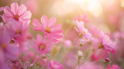 Obraz premium Vibrant Pink Cosmos Flower Field with Soft Sunlight, Close-up Blooms in Garden - Spring/Summer Floral Background