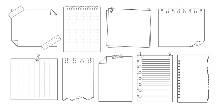 Memo sticky note reminder sheet paper. Doodle paper frame, check list with pin, tape, paperclip elements. Set cute notes, office or school messages.