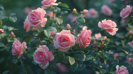 Obraz premium Soft Pink Roses in Full Bloom Displaying Delicate Petals and Lush Greenery