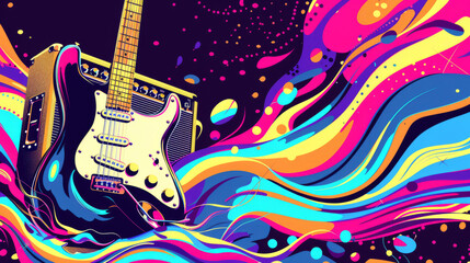 pop art 60s psychedelic colorful trippy retro style image of an electric guitar and amplifier with music coming out of it in fat colorful waves and dance party atmosphere background