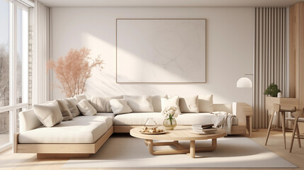 Living room with modern interior design. Scandinavian apartment with plaster and wood, bright and airy