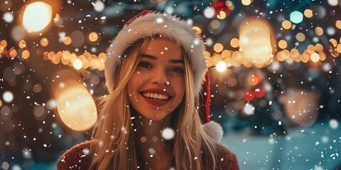 A joyful woman in a Santa hat, surrounded by festive lights and decorations, revels in the warmth and happiness of the Christmas season. Beautiful, cheerful, and bright celebration