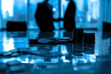 Silhouetted business people shaking hands, coins and paperwork on table, symbolizing financial agreement or deal in modern corporate office.