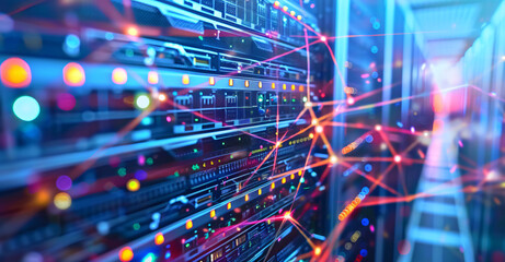 abstract digital banner of security network connection with data center and web server in background, abstract concept for smart technology or internet security