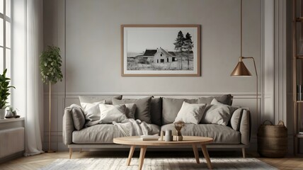Frame mockup, ISO A paper size. Interior mockup with house background. Modern interior design. Living room wall poster mockup ,3D render