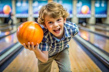 A young boy is holding a bowling ball and smiling