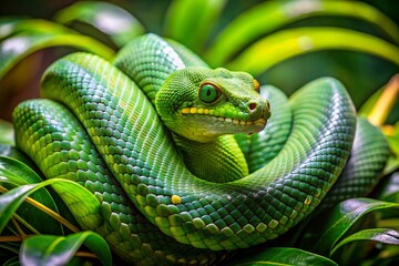 Fototapeta premium A green snake is curled up on a leafy green plant