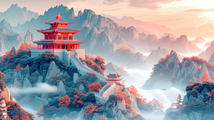 Watercolor and ink illustration of chinese landscape with pagoda and mountains Traditional asian architecture.Generative AI