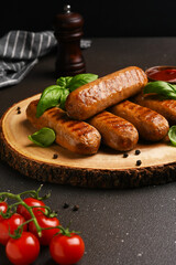 Grilled meat sausages on a wooden board