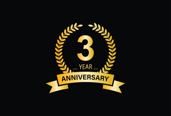 3rd Anniversary Celebration. Anniversary Celebration Logo Design with Golden Ring and Ribbon, Vector Template Illustration