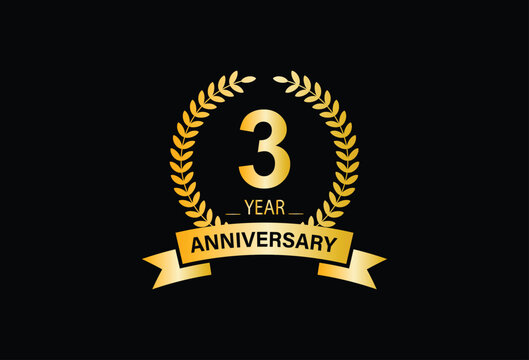 3rd Anniversary Celebration. Anniversary Celebration Logo Design with Golden Ring and Ribbon, Vector Template Illustration