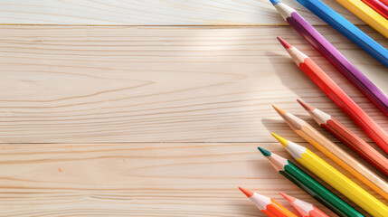 Obraz premium Back to school concept background with colored pencils on wooden table, flat lay.Generative AI