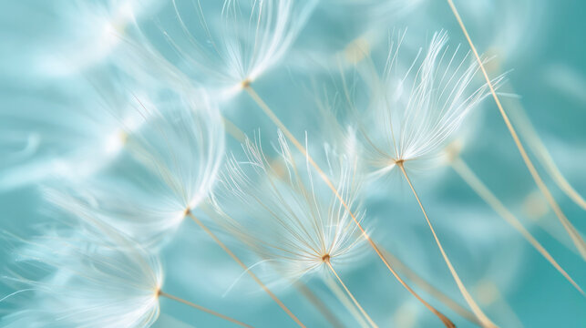 Fototapeta White dandelion and butterfly closeup with seeds blowing away in the wind.Generative AI