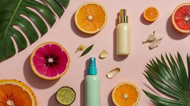 A vibrant, tropical-themed  featuring exotic flowers, lush palm leaves, and bright-colored cosmetic items such as tropical-scented lotions, sunscreens, and fruity beauty products 