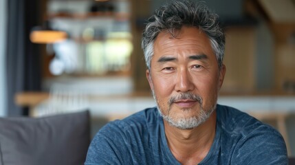 Obraz premium Handsome asian mature old man sitting on sofa couch in living room at home.Generative AI
