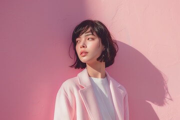 Young woman in a pink pastel outfit posing against a wall, in a minimalistic fashion style, with short black hair, wearing a white t-shirt and coat, against a pink background, in a portrait photograph