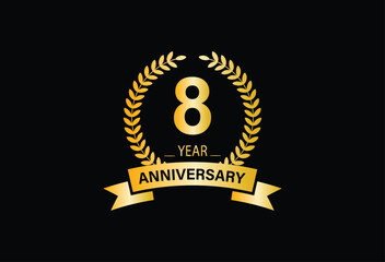 Celebrating 8 years anniversary logo with golden ring and ribbon, laurel wreath vector design.