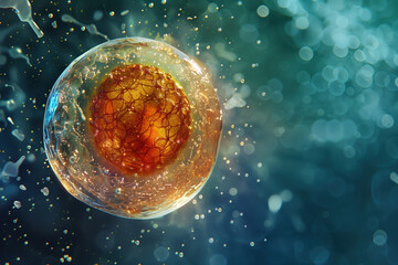 Naklejka premium Microscopic Marvel: Zygote Undergoing First Cell Division in Fallopian Tube (Warm Light)
