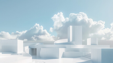 3d render surreal white minimal architecture background with geometric shapes, abstract fantastic design , landmark futuristic panoramic, futuristic scene with copy space, blue sky and cloudy. 