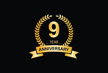 9 years anniversary logo with gold color and ribbon for booklet, leaflet, magazine, brochure poster, banner, web, invitation or greeting card. Vector illustrations.