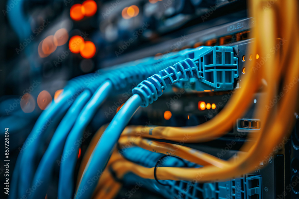 Poster rj45letters on the network switch, closeup shot of data cables with orange and blue colors connected