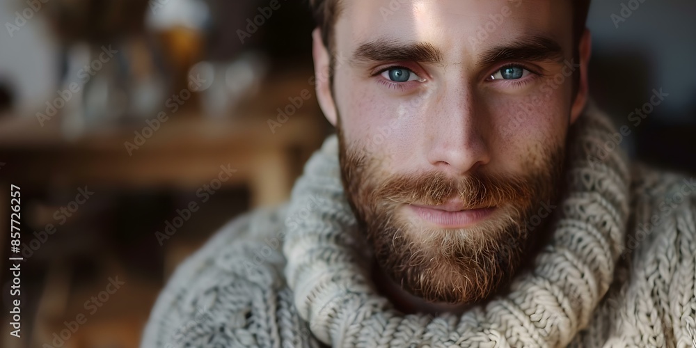 Wall mural Closeup portrait of a young man with a beard in a cozy sweater. Concept Cozy Sweater Portraits, Closeup Beard Shots, Young Men Photography