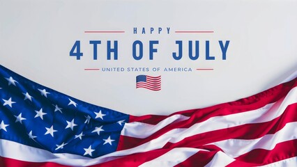 A clean Happy 4th of July and elegant design celebrating the 4th of July, featuring the American flag draped against a white background.