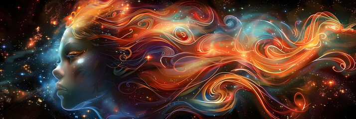 Fototapeta premium a digital painting of a woman's face surrounded by colorful swirls of fire and stars in the night sky.