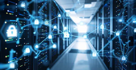 Digital background featuring connection lines with security icons, data center in the back, blue and white color palette, depth of field effect. 