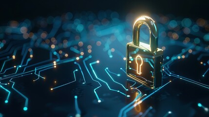 Digital padlock on a dark blue background representing cyber security technology for fraud prevention and data privacy protection in computing systems.