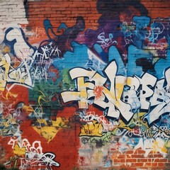 A vibrant and chaotic graffiti-covered brick wall with various abstract shapes, patterns, and symbols in a range of bright colors including red, blue, green, and yellow