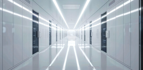 Obraz premium White and glass data center hallway with closeup of storage cabinets, blurred background