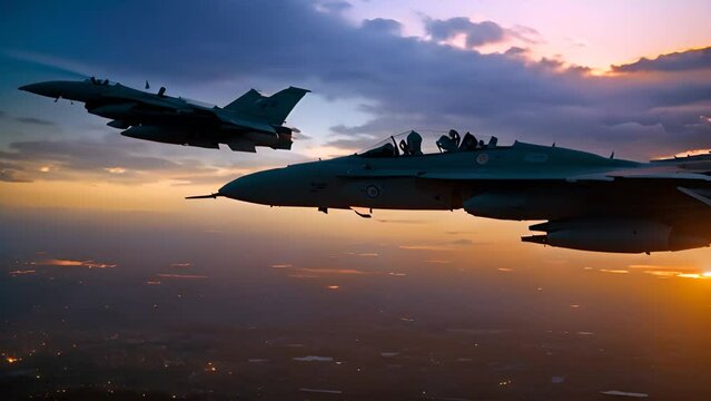 Fighter Jets Flying at Sunset Generative AI