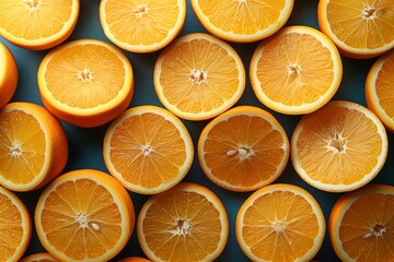 Fresh orange fruit slices background. Top view. Sliced orage banner. Sliced oranges background. Overal plan food photography.