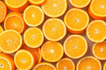 Fresh orange fruit slices background. Top view. Sliced orage banner. Sliced oranges background. Overal plan food photography.