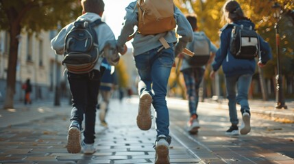 Group of kids run to school together