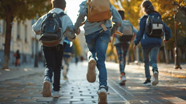 Group of kids run to school together
