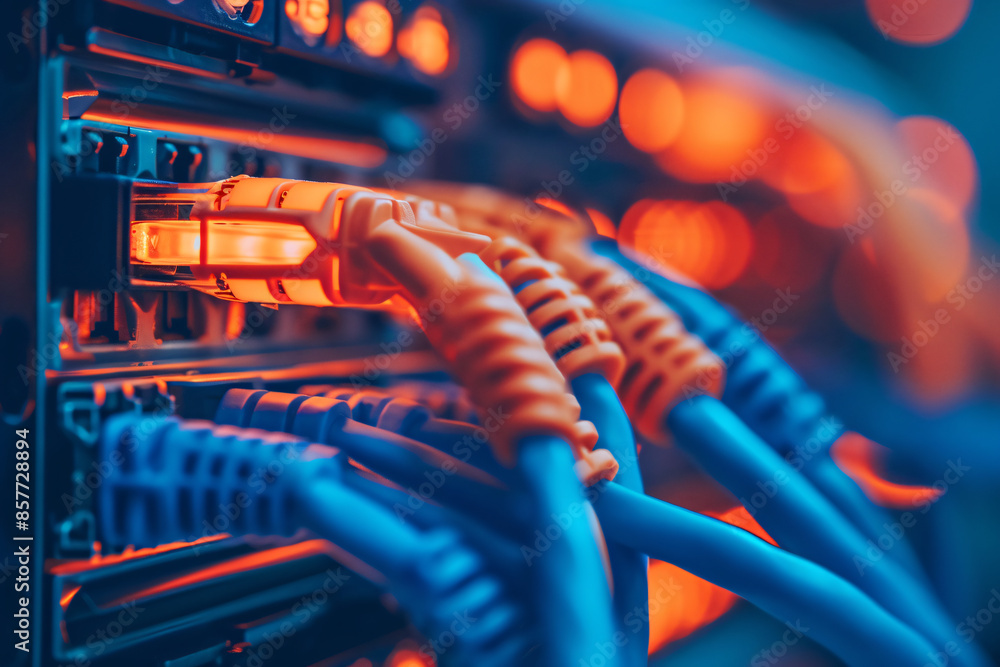 Poster rj45letters on the network switch, closeup shot of data cables with orange and blue colors connected