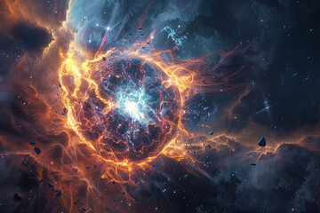 A cosmic landscape with a glowing nebula, a distant planet, and a bright star