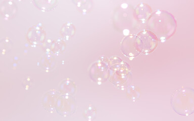 Beautiful Transparent Soap Bubbles Floating in The Air. Pink Textured Abstract Background. Celebration Festive Backdrop. Freshness Pink Soap Suds Bubbles Water.	