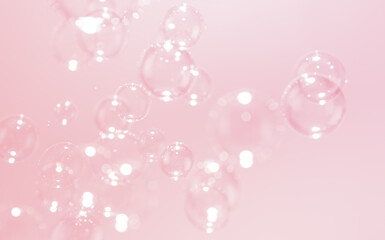 Beautiful Transparent Soap Bubbles Floating in The Air. Pink Textured Abstract Background. Celebration Festive Backdrop. Freshness Pink Soap Suds Bubbles Water.	