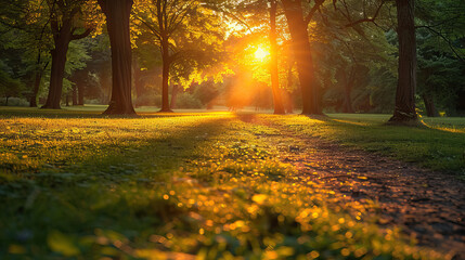 Obraz premium Sunset in a Park with Sunbeams Shining Through the Trees