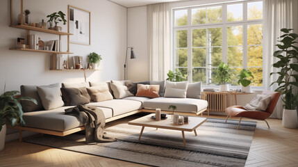 The exquisite living room with its comfy carpet, mid-century furniture, white walls, and indoor plants epitomizes modern Scandinavian home interior design