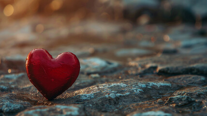 Fototapeta premium Red heart on rock on ground